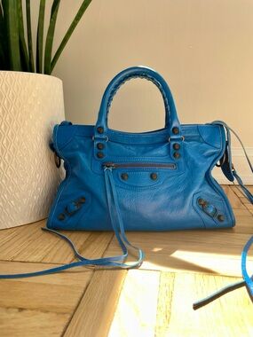 Balenciaga Small City Bag Blue Leather Classic Motorcycle Satchel GH Hardware
